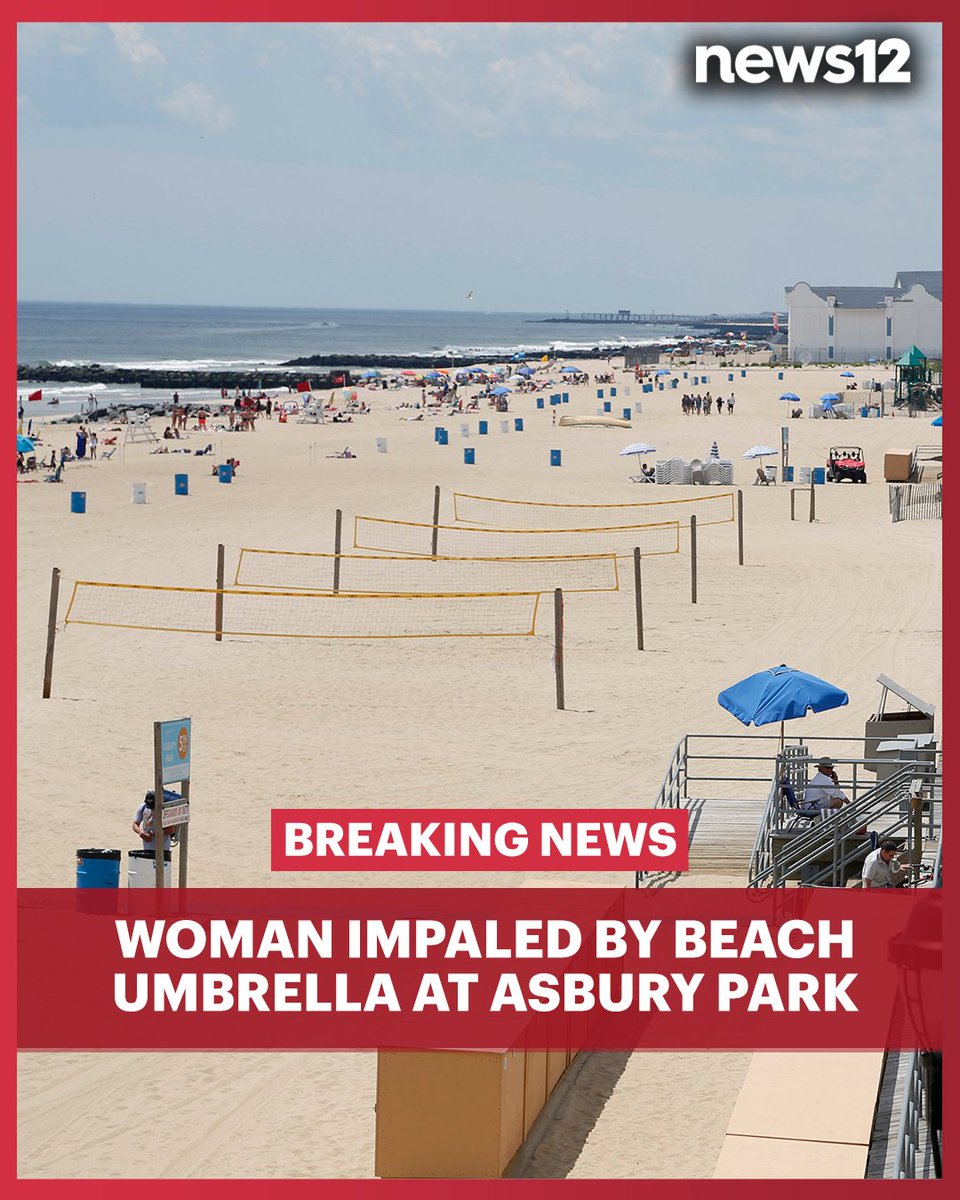 News12NJ's tweet image. JUST IN: A woman is recovering after an umbrella impaled her shoulder in #AsburyPark and came out of her back, according to the fire chief. Watch News 12 for updates - bit.ly/3SuSzlm