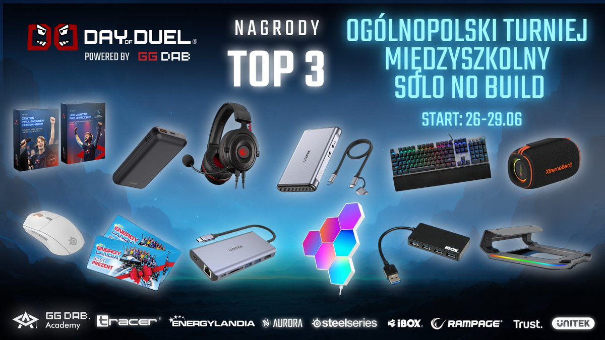 🥉 TOP 3 też zgarnia konkretny loot!
 W naszym turnieju każdy gracz z podium wychodzi z mega paczką nagród. Za 3. miejsce przygotowaliśmy solidny zestaw dla prawdziwych pasjonatów gamingu i streamingu 🎮💥
TOP 3 zgarnia:

👉🏻 Kurs Premium GGDAB Academy: „Jak zostać streamerem lub