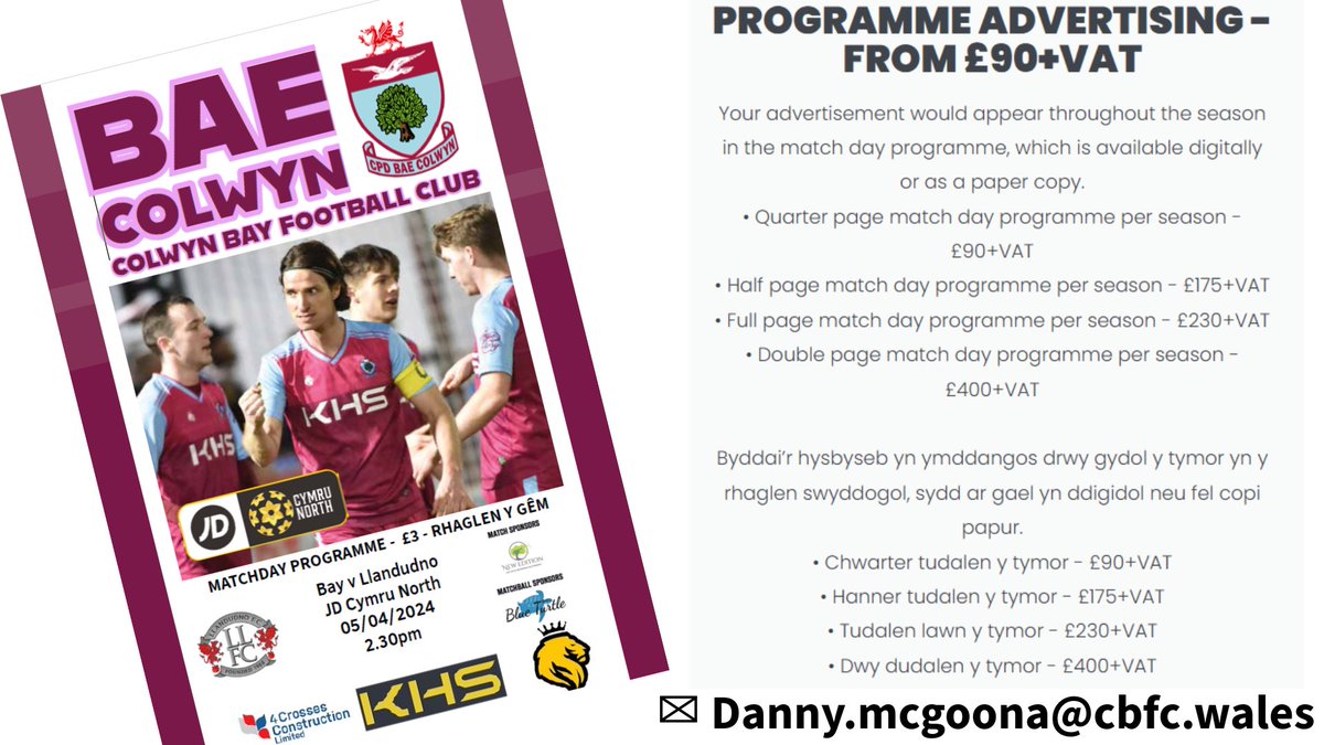 MATCHDAY PROGRAMME ADVERTISING//HYSBYSEBU YN Y RHAGLEN