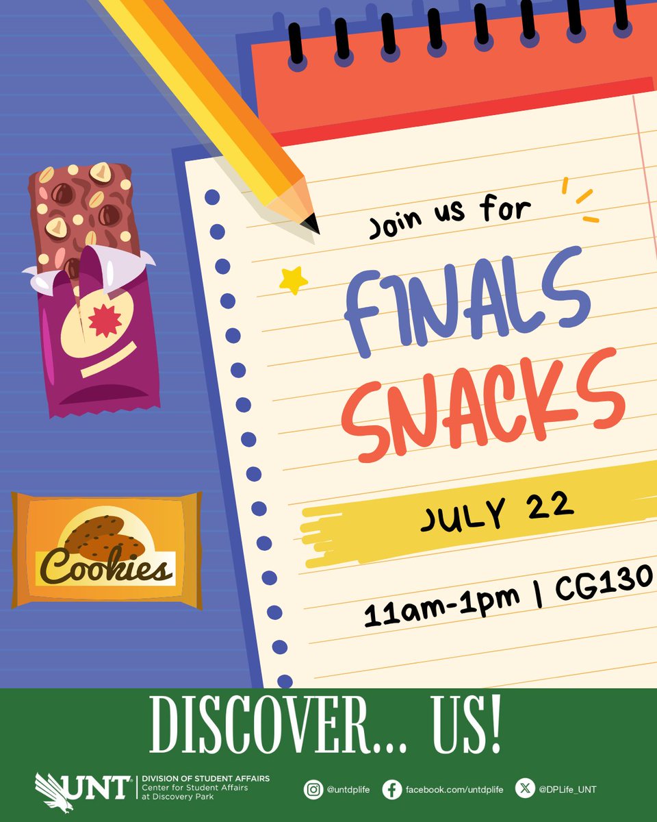 Crunch time… literally! Join us for some free snacks to lock in for finals!

📅 July 22
⏰ 11am-1pm
📍 CG130

#UNT #UniversityofNorthTexas #DiscoveryPark