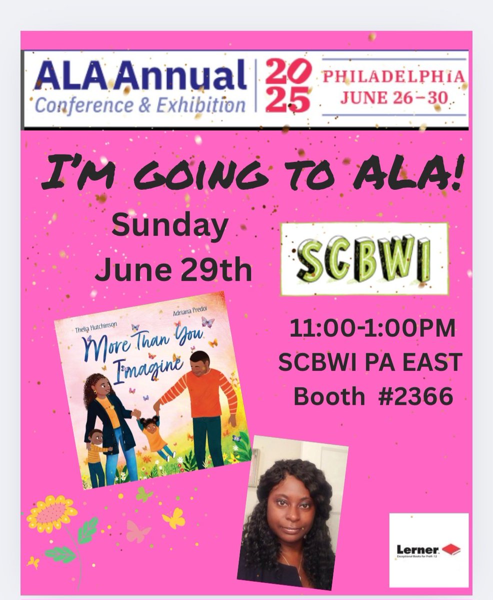 Thelia Hutchinson💗 MORE THAN YOU IMAGINE 🦋 (@theliahutchins1) on Twitter photo I'm going to be at ALA in Philadelphia on 6/29! I hope to see you there! 💗💕
<a href="/ALALibrary/">American Library Association</a>
<a href="/LernerBooks/">Lerner Books</a>
<a href="/scbwi/">scbwi</a>
<a href="/SCBWIEastPA/">SCBWI East PA</a> I'm going to be at ALA in Philadelphia on 6/29! I hope to see you there! 💗💕
<a href="/ALALibrary/">American Library Association</a>
<a href="/LernerBooks/">Lerner Books</a>
<a href="/scbwi/">scbwi</a>
<a href="/SCBWIEastPA/">SCBWI East PA</a>