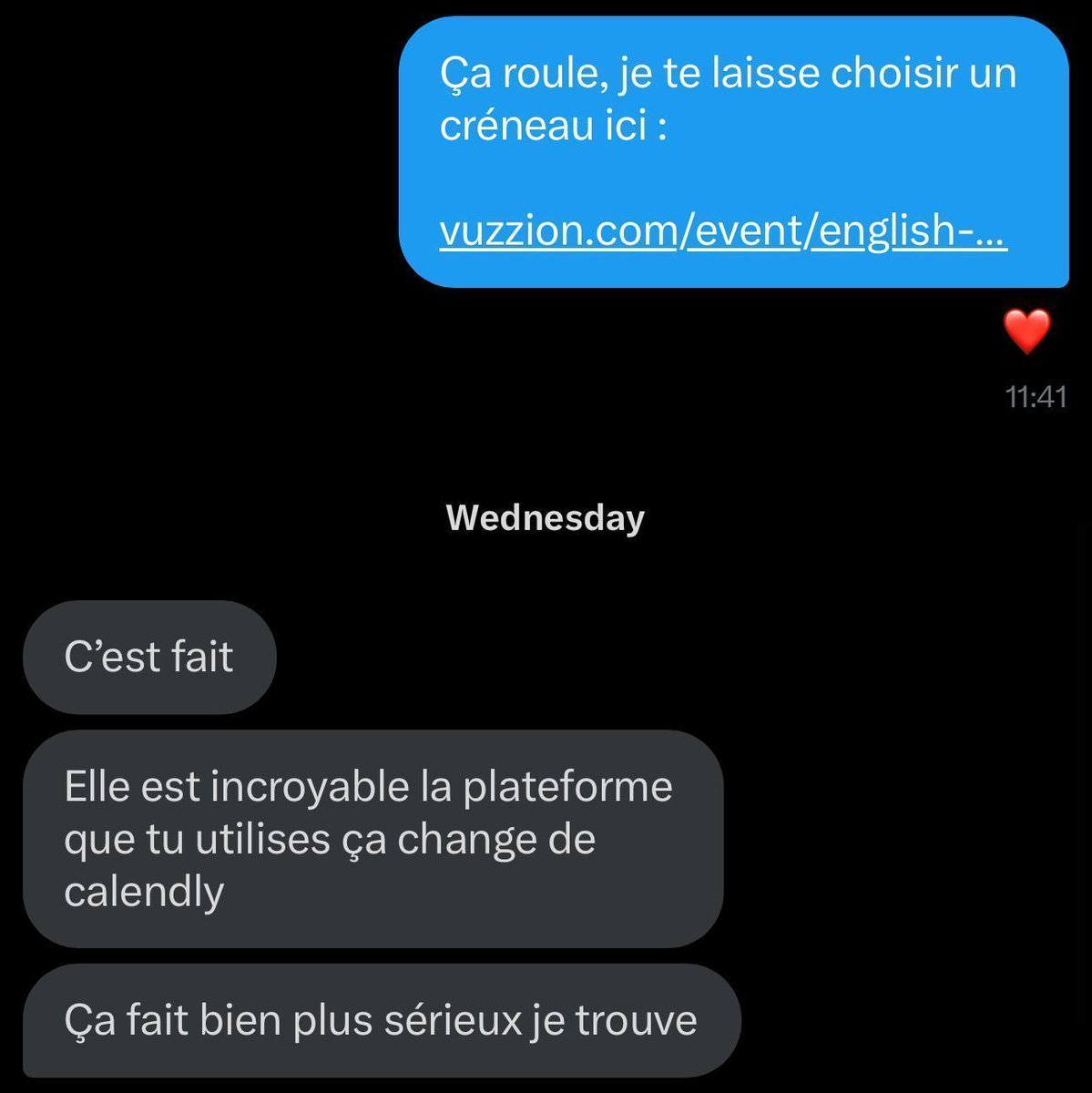 english_is_izzy's tweet photo. Outil de prise de rendez-vous vraiment sous-côté

Depuis plusieurs semaines, j'utilise Vuzzion l'outil lancé par @aleex_dwt et je le trouve très complet

Non seulement je peux personnaliser les questions ainsi que le design

Mais aussi gros avantage par rapport à Calendly : possibilité de capturer le lead même s'il ne va pas pas jusqu'au bout du formulaire pour pouvoir le relancer par la suite

CRM intégré avec relances automatiques, tout est centralisé au même endroit

Même mes prospects trouvent le rendu vraiment très pro !!

Au-delà de l'aspect technique, Alex est quelqu'un de bienveillant et très à l'écoute des besoins

Un bonheur de bosser avec des personnes comme lui

Pour voir ce qu'il propose, check le lien en premier commentaire