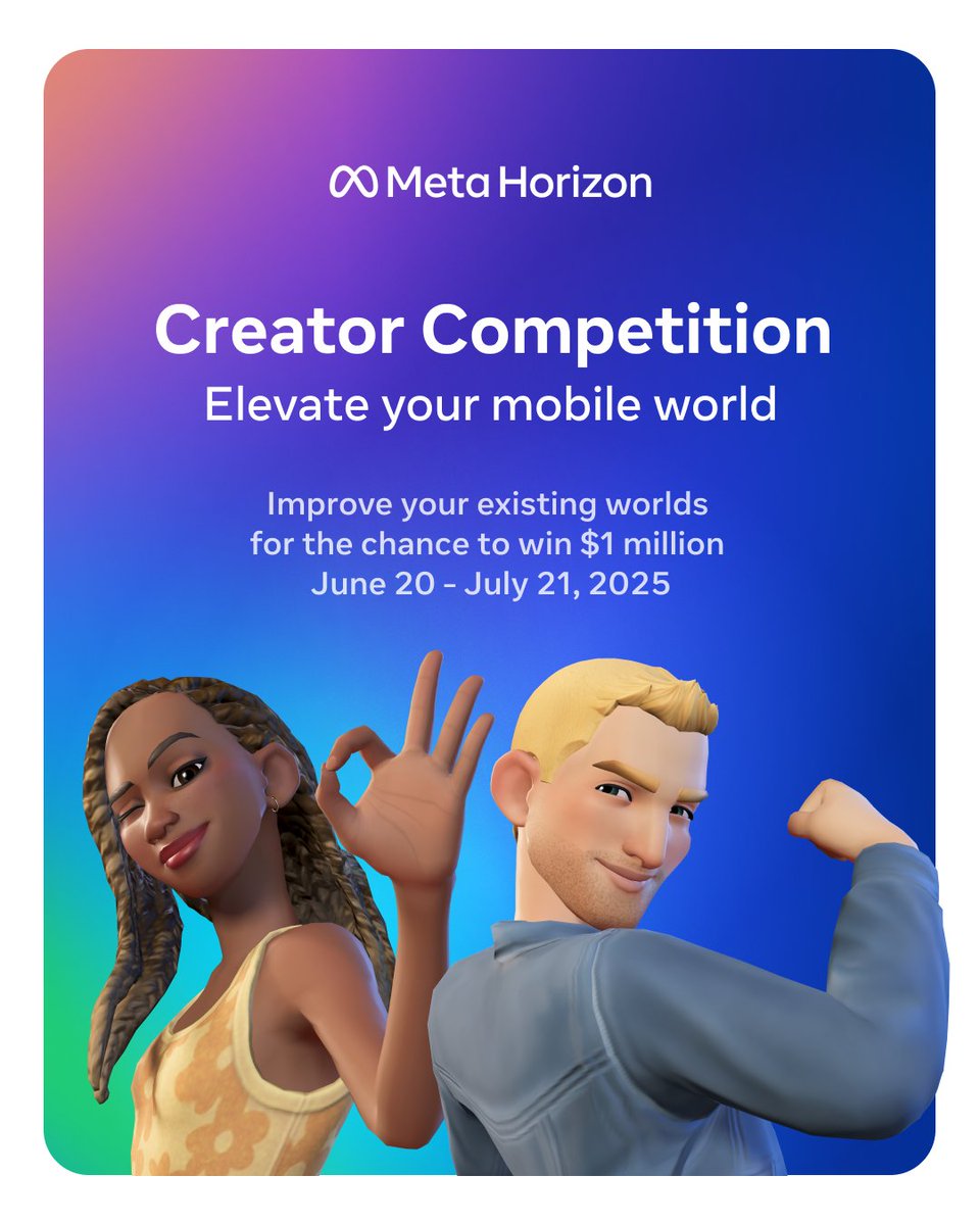 MetaHorizonDevs's tweet image. Get ready to elevate your mobile world in a brand new creator competition!
💫 Optimize and update existing mobile worlds
👥 Grow your community
🏆 Compete for 35 cash prizes, including top prizes of $100,000
Enter by July 21 here: bit.ly/3I13sJn
#MetaHorizon