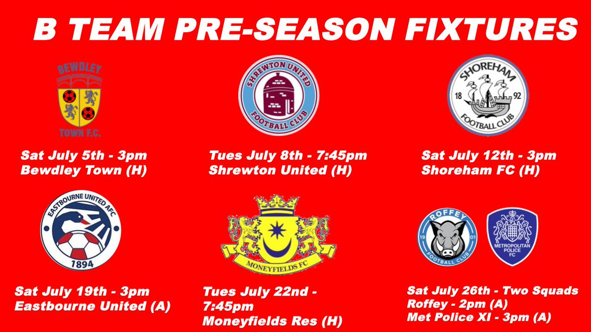 Dorking Wanderers Academy (@academy_dwfc) on Twitter photo WANDERERS B | PRE-SEASON SCHEDULE 25/26 ✅️
Charlie Dunne's side kick off preparations for next season on July 5th at Meadowbank ⤵️
<a href="/BewdleyTownFC/">Bewdley Town FC</a> <a href="/ShrewtonUnited/">ShrewtonUnited</a> <a href="/ShorehamFC/">Shoreham FC</a> <a href="/eastbourneuafc/">Eastbourne United AFC</a>
<a href="/MONEYFIELDSFC/">Moneyfields FC</a> <a href="/RoffeyFC/">Roffey Football Club</a> <a href="/MetPoliceFC/">Met Police FC</a>
#WeAreWanderers 🔴⚪️ WANDERERS B | PRE-SEASON SCHEDULE 25/26 ✅️
Charlie Dunne's side kick off preparations for next season on July 5th at Meadowbank ⤵️
<a href="/BewdleyTownFC/">Bewdley Town FC</a> <a href="/ShrewtonUnited/">ShrewtonUnited</a> <a href="/ShorehamFC/">Shoreham FC</a> <a href="/eastbourneuafc/">Eastbourne United AFC</a>
<a href="/MONEYFIELDSFC/">Moneyfields FC</a> <a href="/RoffeyFC/">Roffey Football Club</a> <a href="/MetPoliceFC/">Met Police FC</a>
#WeAreWanderers 🔴⚪️