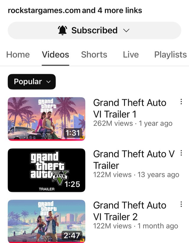 GTA VI Trailer 2 is 900K views away from being the second most viewed rockstar YouTube video

It's crazy that both of the GTAVI trailers are already going to be the most viewed videos.