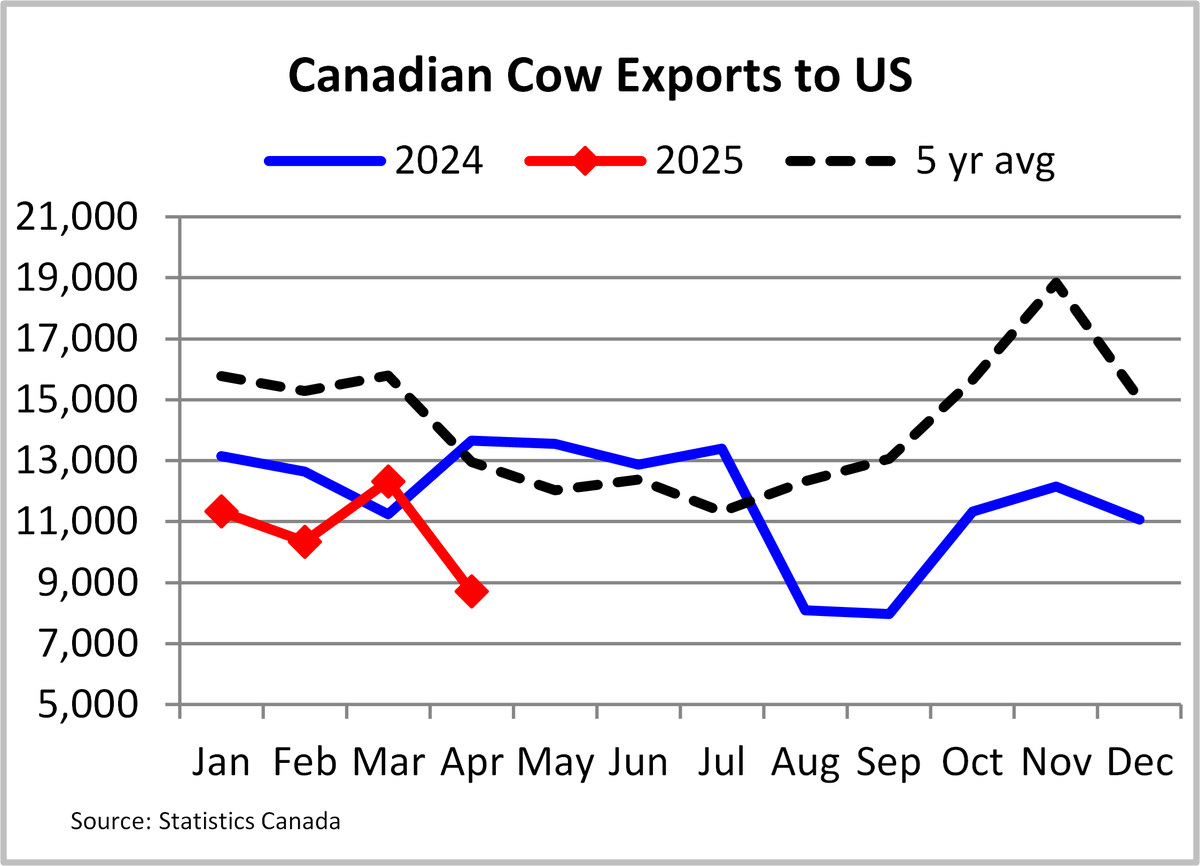 In April, Canadian cow exports to the US were ↓36% from a year ago, with West ↓77% and East ↑7%. YTD, Canadian cow exports are ↓16% from last year, with regional differences: West ↓ 60%, East ↑ 25%.

Learn more👉canfax.ca 

#CanfaxMarket #CattleFacts #CDNag
