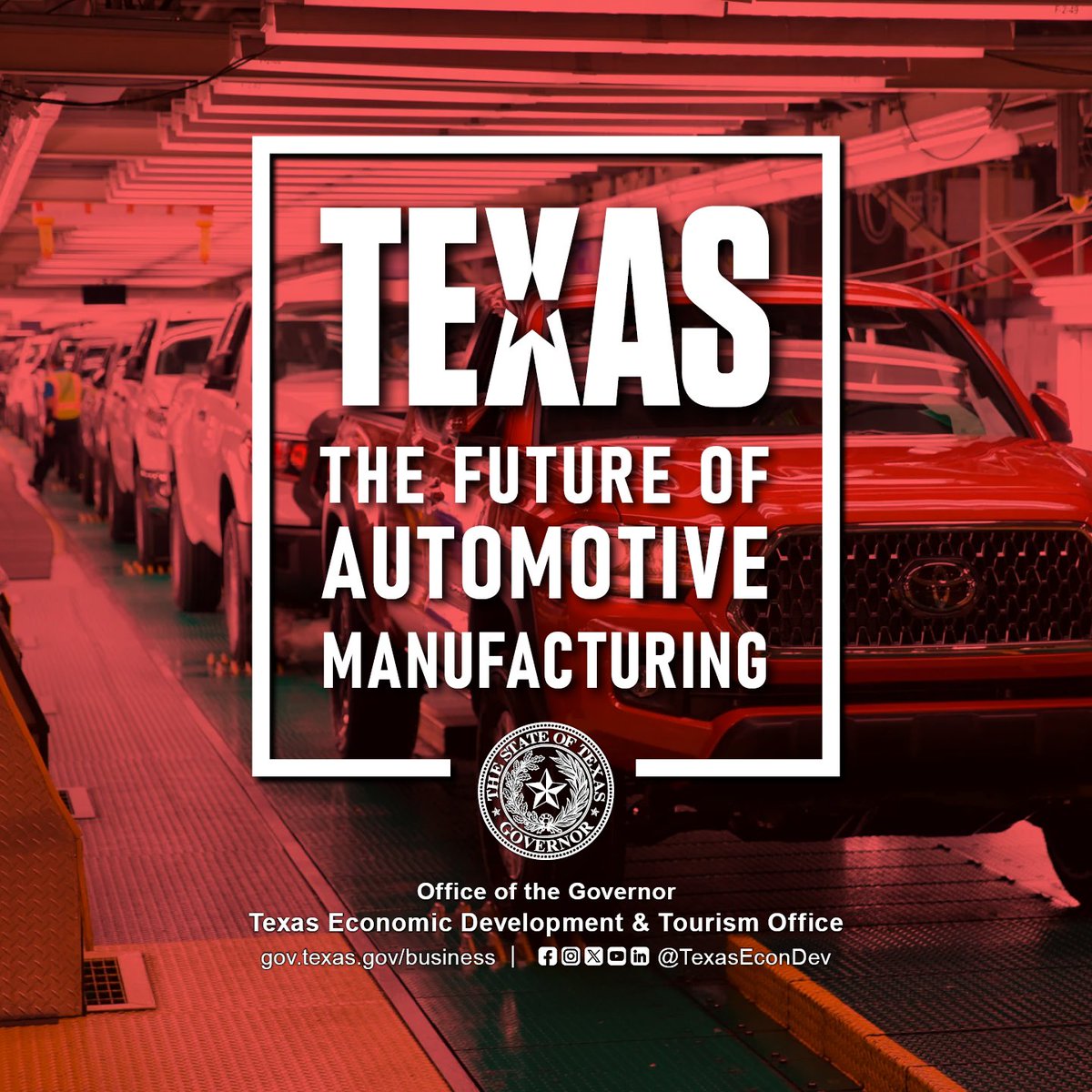 TexasEconDev's tweet image. Thanks to our state-of-the-art infrastructure and central geographic location in North America, Texas has shifted auto manufacturing industry growth into high gear. ⚙️ In fact, Texas has experienced a 48% increase in auto manufacturing output since 2015. 📈
Download the Texas…