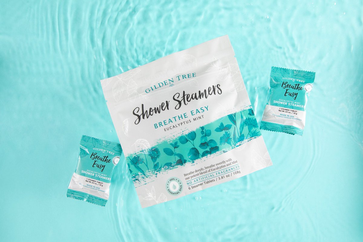 GildenTree's tweet photo. Escape the summer heat and create the perfect at-home spa with our Breathe Easy Shower Steamers! 

Simply place the tablet on the floor of your shower, directly in the flow of water, and breathe in the refreshing blend of eucalyptus &amp; mint! 🌿 https://t.co/0xR9QPd9Jw