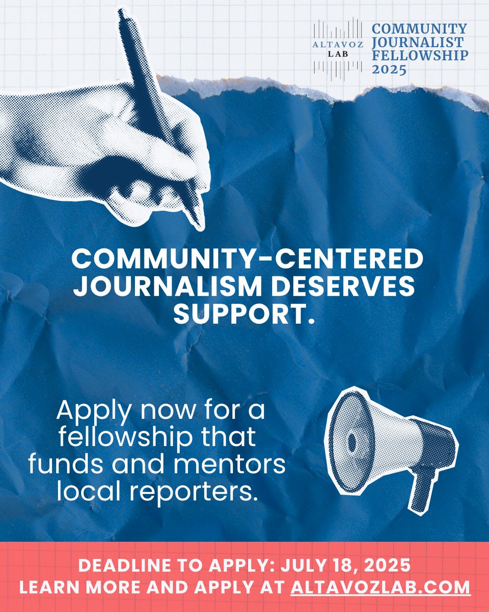 Altavoz_Lab's tweet image. 🚨 Applications open!
Altavoz Lab is offering up to $8K + mentoring for journalists reporting in/for underrepresented communities.
🌎 English or Spanish
📍 U.S. and Puerto Rico
⏳ Deadline: July 18
🔗 altavozlab.com/community-jour…
#JournalismFellowship