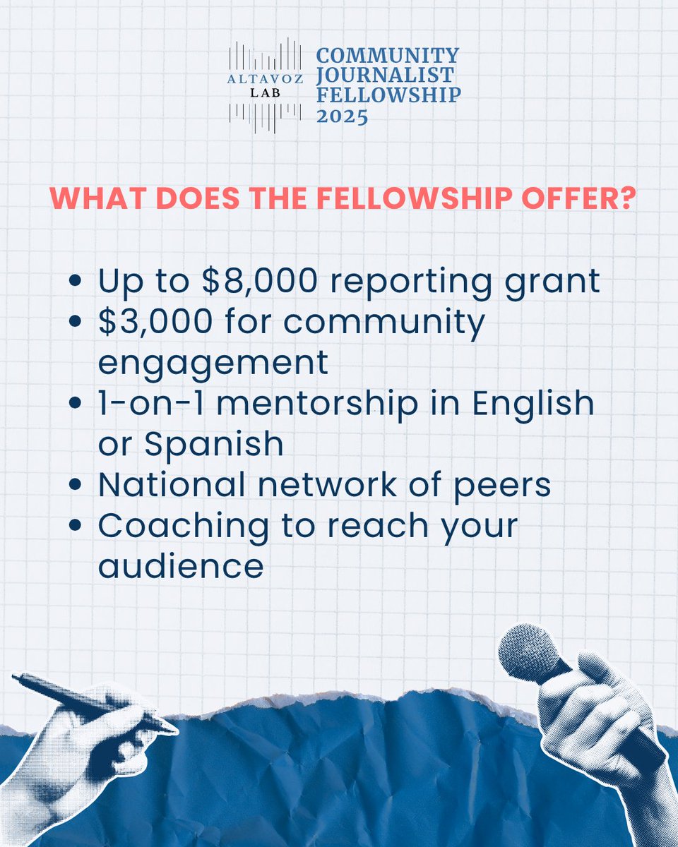 Altavoz_Lab's tweet image. 🚨 Applications open!
Altavoz Lab is offering up to $8K + mentoring for journalists reporting in/for underrepresented communities.
🌎 English or Spanish
📍 U.S. and Puerto Rico
⏳ Deadline: July 18
🔗 altavozlab.com/community-jour…
#JournalismFellowship