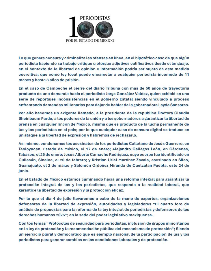#100PeriodistasEdomex se pronuncia por detener las leyes que atenten contra de la #LibertadDeExpresión en #Mexico