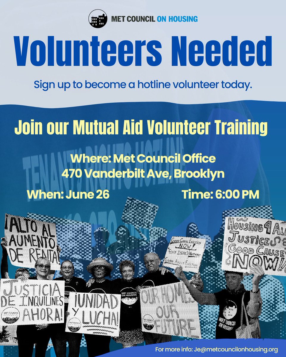 🗣️Come and learn more about the work of Met Council on Housing and how you can provide support/assistance and valuable knowledge to NYC Tenants ☎️