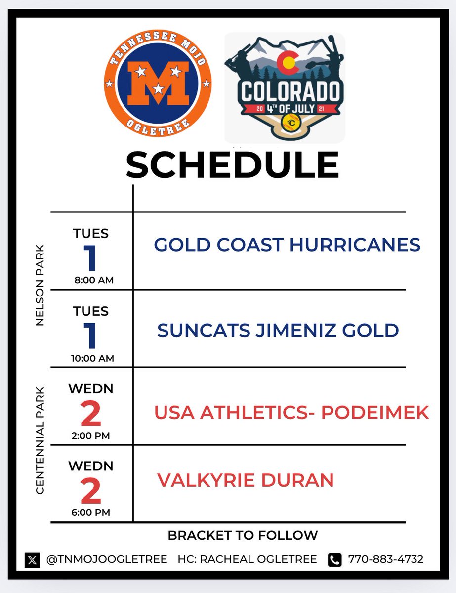 TN Mojo 2011- Ogletree (@tnmojoogletree) on Twitter photo 🎆 2025 Colorado Sparklers 🎆 Headed to Ft. Collins for Colorado Sparkers! We kick off Tuesday, July 1st. Revamped. Rested.And Ready to go!
<a href="/TnMojoFastpitch/">Tennessee Mojo fastpitch</a> <a href="/DirectRecruits/">Direct Recruits</a> <a href="/Coach_Alameda/">Lonni Alameda</a> <a href="/CoachDot_LU/">Dot Richardson</a> <a href="/UACoachMurphy/">Patrick Murphy</a> <a href="/los_stuff/">Carlos Arias</a> <a href="/TopPreps/">SPORTS NEWS, VIDEOS, GRAPHICS, EXPOSURE & MORE</a> <a href="/MikeDavo17/">MIKE DAVENPORT</a> 🎆 2025 Colorado Sparklers 🎆 Headed to Ft. Collins for Colorado Sparkers! We kick off Tuesday, July 1st. Revamped. Rested.And Ready to go!
<a href="/TnMojoFastpitch/">Tennessee Mojo fastpitch</a> <a href="/DirectRecruits/">Direct Recruits</a> <a href="/Coach_Alameda/">Lonni Alameda</a> <a href="/CoachDot_LU/">Dot Richardson</a> <a href="/UACoachMurphy/">Patrick Murphy</a> <a href="/los_stuff/">Carlos Arias</a> <a href="/TopPreps/">SPORTS NEWS, VIDEOS, GRAPHICS, EXPOSURE & MORE</a> <a href="/MikeDavo17/">MIKE DAVENPORT</a>