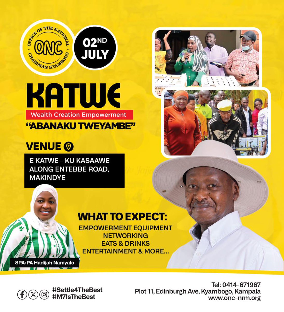 ProudMuzzukulu1's tweet photo. Bazzukulu in Katwe, are you ready? Next week on July 2nd, President @KagutaMuseveni's ONC under SPA/PA Hajjat Hadijah Namyalo aka @ChiefMuzzukulu is bringing the “Abanaku Tweyambe” Wealth Creation drive to Makindye – Katwe, Ku Kasaawe.

Come benefit from empowerment tools, business support, networking, food, and entertainment — all geared toward transforming lives.

Don’t miss the movement that delivers

#Settle4TheBest
#M7IsTheBest