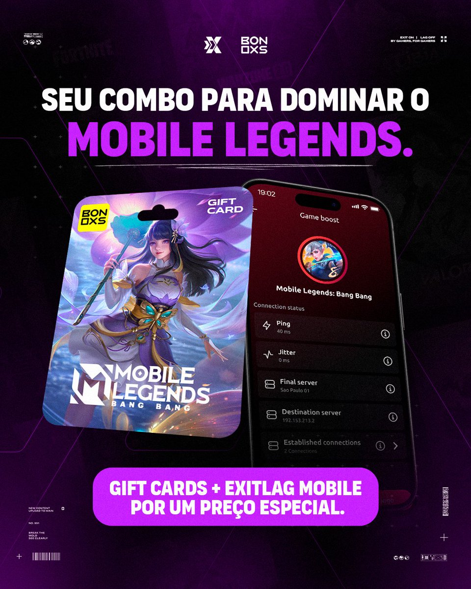 ⚔️ Chega de perder partida por causa do lag. 

Com o combo especial <a href="/BONOXS/">BONOXS</a>, você leva diamantes e estabilidade. 

📲 Adquira o pacote com Gift Card de Mobile Legends + ExitLag Mobile por um preço exclusivo!

#MobileLegends #ExitLagMobile #Bonoxs