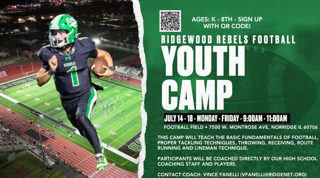 Calling all future Rebels! Join us for the Ridgewood Rebels Football Youth Camp open to all K–8th graders!
July 14–18 |  9–11AM | 7500 W. Montrose Ave
Snap! Mobile • Sign in share.google/Jc1k46HbgRIVIk…

#RebelsFootball #YouthCamp #FutureRebels #RidgewoodPride
