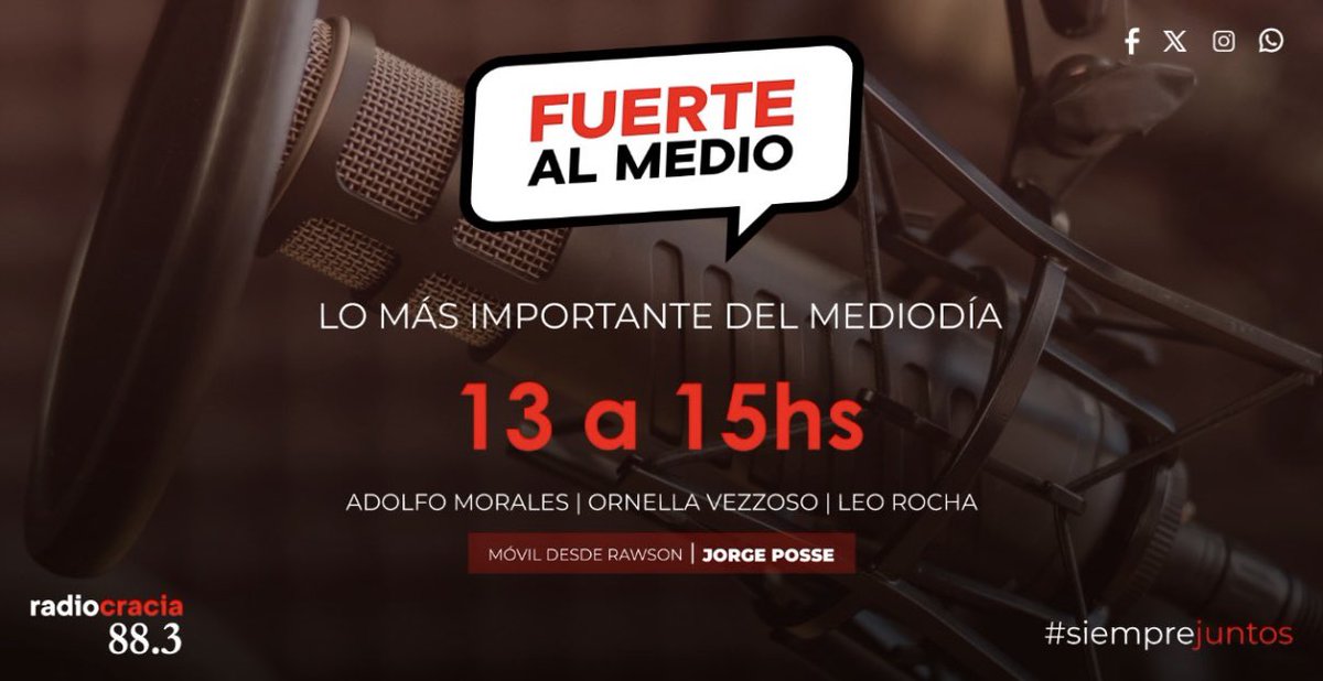 📻🎙 Buen #Miércoles. Mantenete informado escuchando #FuerteAlMedio 
📌 Sintonizanos de 13 a 15 horas por <a href="/radiocracia883/">Radiocracia 88.3</a> . 
📌Toda la información de la mano de Leo Rocha, <a href="/Adolfm07/">Adolfo Morales</a> y <a href="/ornellavezzoso/">Ornella Vezzoso</a>.
📌 Operación técnica a cargo de Sonia López.