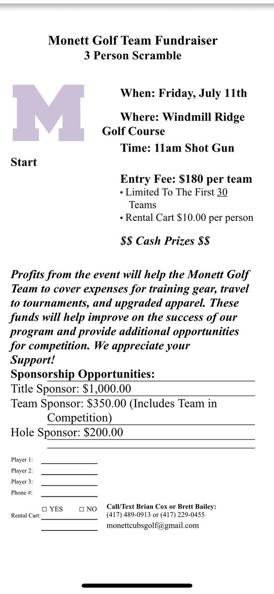 Please join us for our 3-person scramble golf tournament on July 11th. Proceeds go to help fund travel, equipment for our practice facility, and golf gear. Contact info is on the flier. <a href="/MonettAthletics/">@MonettAthletics</a> <a href="/MonettR1/">Monett R-1 Schools</a> <a href="/MonettSports/">Jared Lankford</a>
