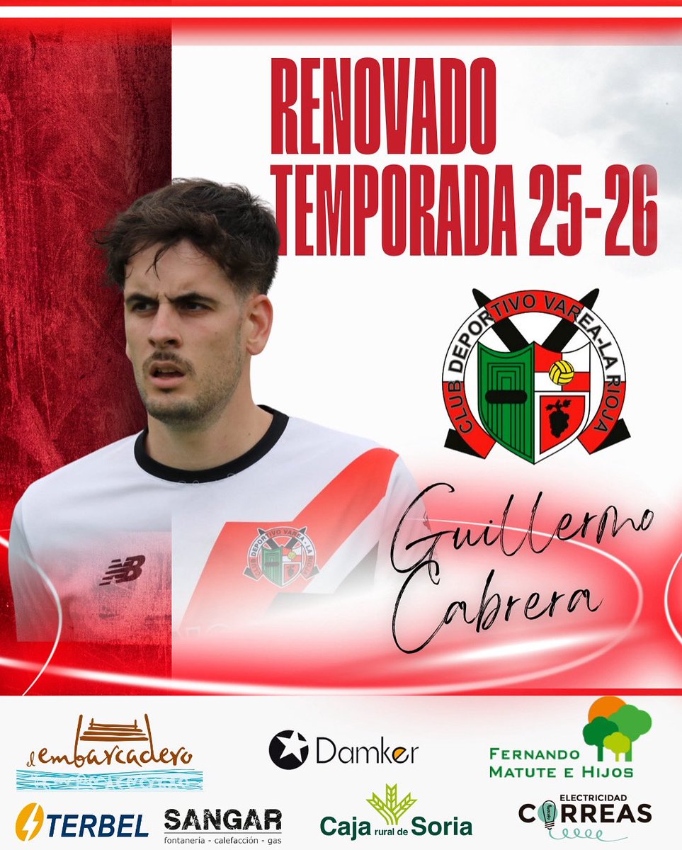 ⬜🟥COMUNICADO OFICIAL | RENOVADO

~CENTROCAMPISTA:

➡️ GUILLERMO CABRERA renovado, sin duda uno de los mejores centrocampistas de la categoría que seguiremos disfrutando en su tercera temporada con nosotros. 

¡Vuestros éxitos serán los nuestros! ❤️

#cdvarea⚪🔴