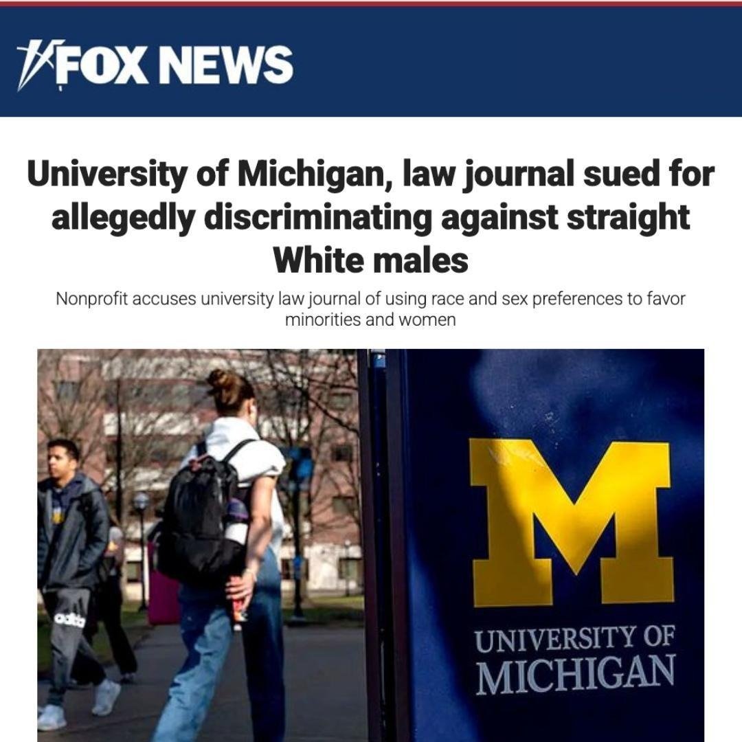 Speech First (@speech_first) on Twitter photo The University of Michigan and the Michigan Law Review are facing a lawsuit filed by <a href="/America1stLegal/">America First Legal</a> - because the journal selected applicants based on race and sex preferences.
Discriminatory policies like this both undermine meritocracy and contribute to a culture of The University of Michigan and the Michigan Law Review are facing a lawsuit filed by <a href="/America1stLegal/">America First Legal</a> - because the journal selected applicants based on race and sex preferences.
Discriminatory policies like this both undermine meritocracy and contribute to a culture of