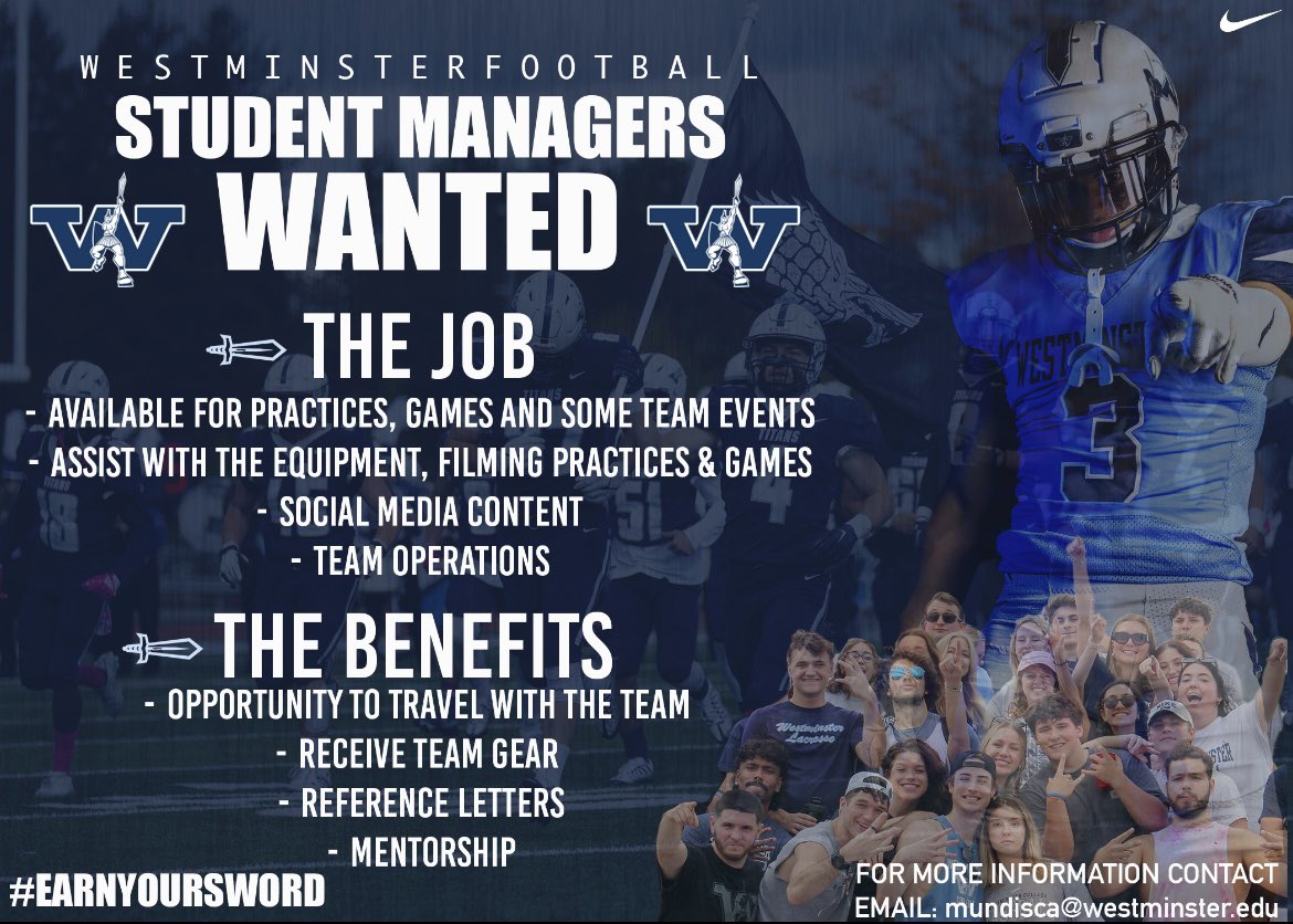 WCtitansFB's tweet image. We’re looking for students who are ready to jumpstart their sports careers! Westminster Football is offering hands-on experience in sports operations, media, and more! If you want to join the team, contact Coach Mundis.
#EarnYourSword #GoTitans