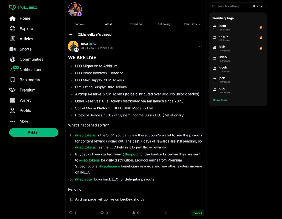 LEO 2.0 is LIVE 🚀

1. The first step was to set inflation (block rewards) to 0 ✅
2. Begin the buybacks for SIRP (system income rewards pool for our social media app, <a href="/inleoio/">INLEO</a>) ✅
3. The third step is to release the /airdrop page to LeoDex (happening in the next ~2 hours) 🕕
4.