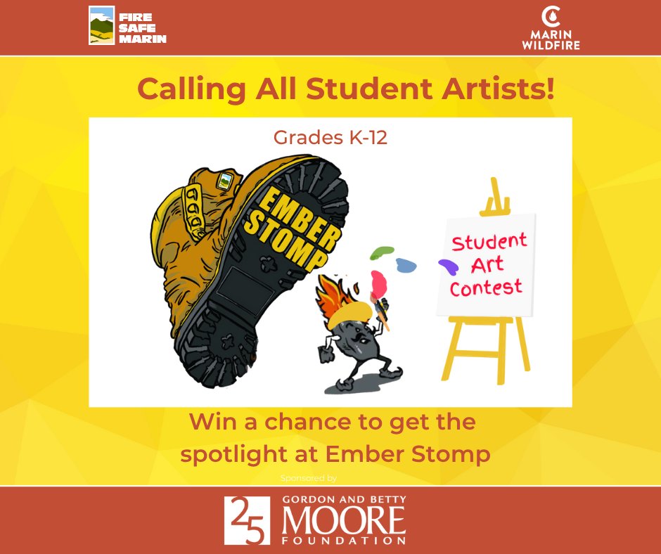 K–12 students are invited to submit original artwork that celebrates what they love about Marin—and how they’d protect it from wildfires. 

🎨 Winning entries will be featured at Ember Stomp 2025
 📅 Submit your art by August 8 
🔗 firesafemarin.org/artcontest/ 

#EmberStomp