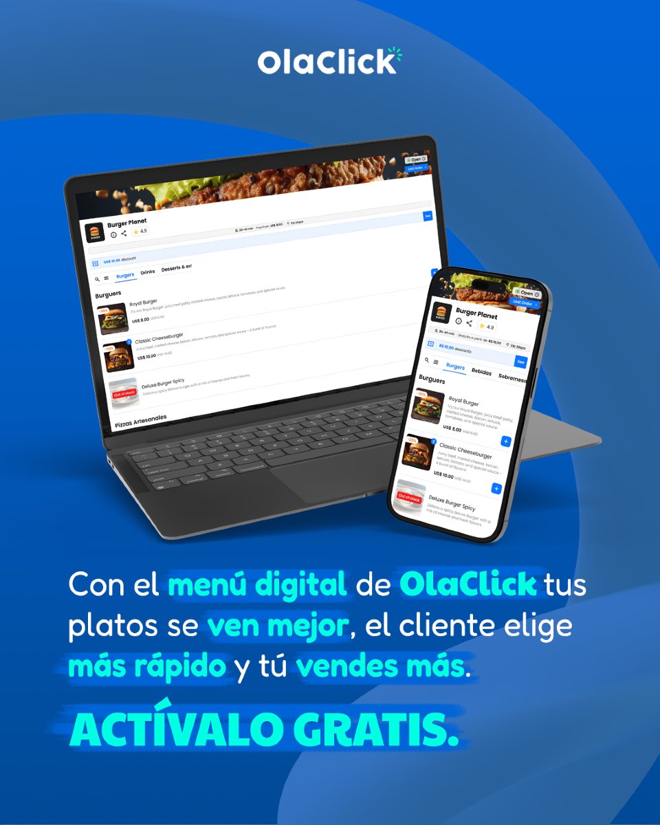 ¿Tu menú solo existe como una foto borrosa en WhatsApp?
Hazlo digital, editable y vendedor con OlaClick.

📱 Menú que enamora y convierte.

👉 Pruébalo hoy.
