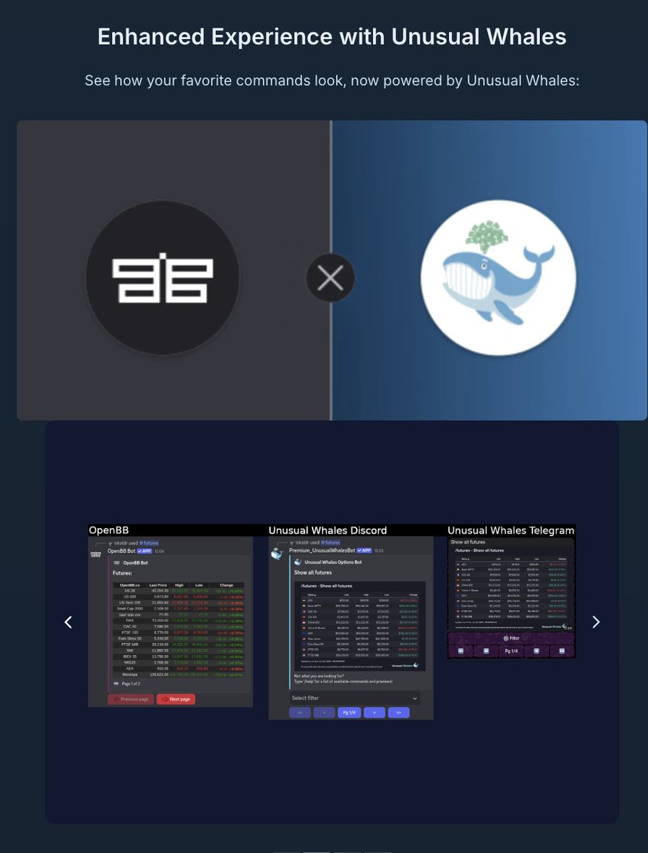 BIG UW NEWS🐳 Unusual Whales has taken over @openbb_finance Telegram &  Discord bots! You can now use our brand new Telegram & Discord bot + your  old OpenBB Bots in one place.