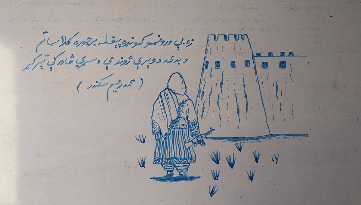 غالبا درې کاله مخکې محفوظ ځیرمن صیب د رسم ساعت کې زده‌‌کوونکو ته پر تخته د بدۍ رسم کښلی و.

رسم کې د بیت ټول غزل دا دی.

لوڅ زړګی مې له ږلۍ نه په جالي څادر کې تېر کړ
له نیستۍ ورځې مې ژمی په پردي څادر کې تېر کړ

زه بې ورڼو کونډه پېغله، برجوره کلا ساتم
د بدۍ د ویرې ژوند مې د سړي