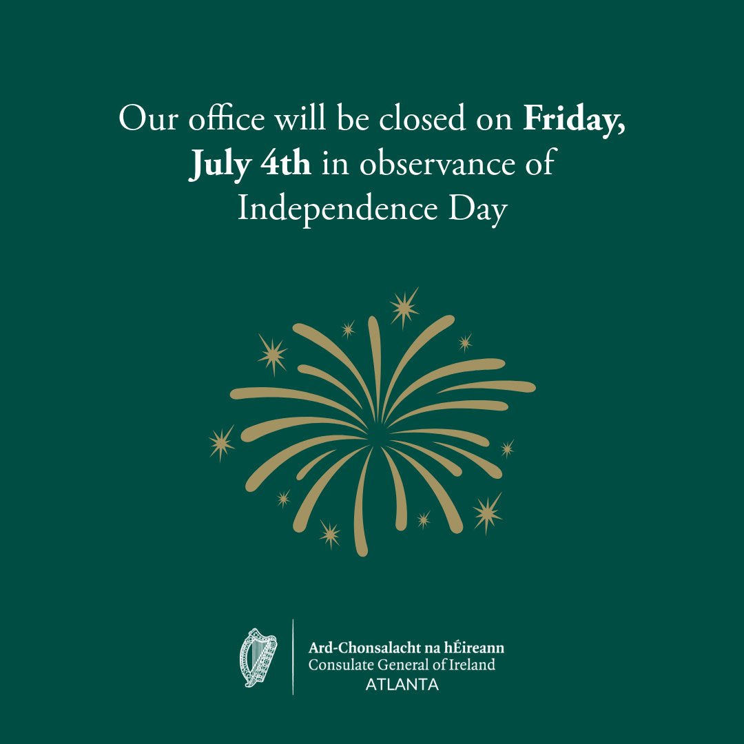 Our office will be closed on Friday, July 4th in observance of Independence Day.

Irish citizens experiencing a genuine emergency can call +1 404 554 4980 for consular assistance.