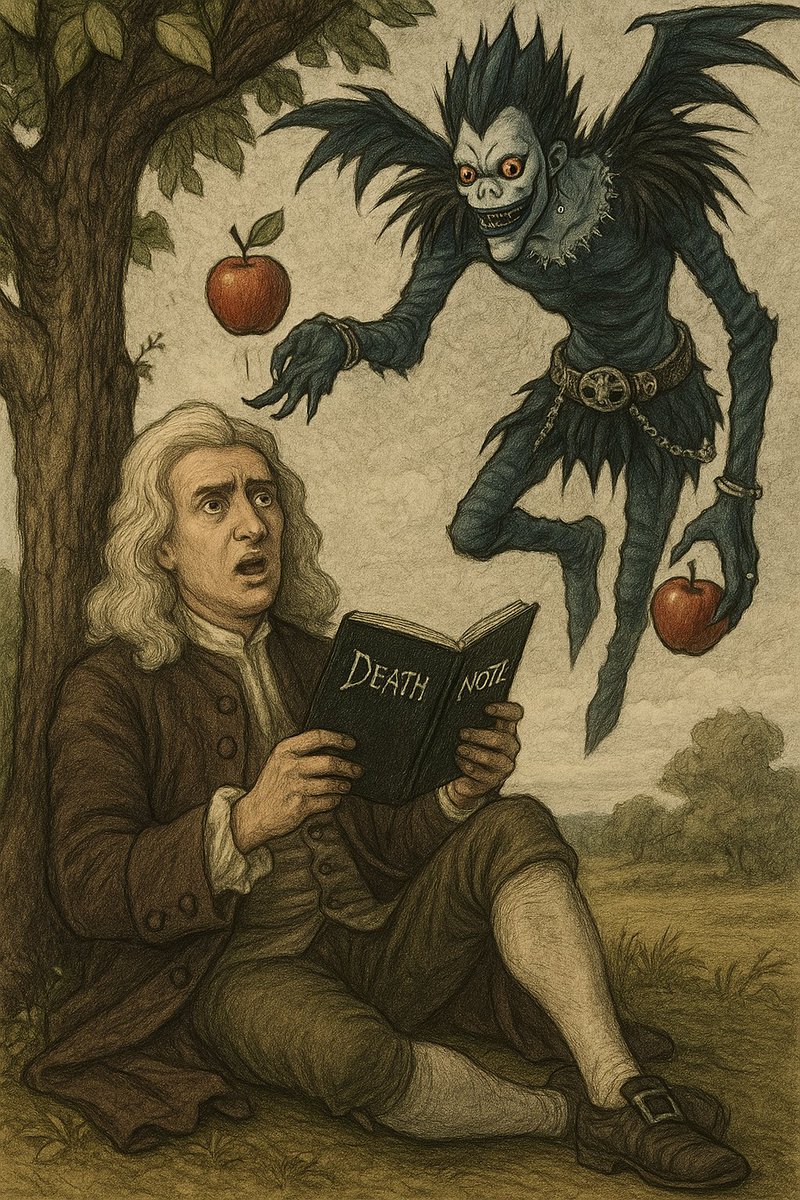 IMewtwon's tweet photo. Cuando pensabas que una manzana te iba a dar vitaminas… pero te da una epifanía existencial.
🍎 “Gravedad”, dijo. Pero Ryuk sabía que era solo inspiración.
#Newton #DeathNote #AnimeCrossover #HistoriaAlternativa #Ryuk #Gravedad #MemesHistóricos #InspiraciónDivina #FanArt https://t.co/IqTcWuGLYp