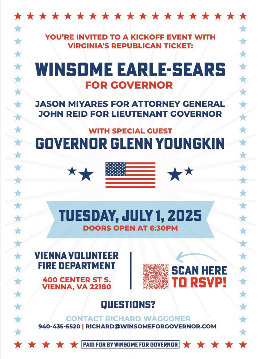 PatHerrityVA's tweet image. I wanted to make sure you are aware of the big event in Fairfax County on Tuesday, July 1st, as we kick off the 2025 campaign with the Republican statewide ticket. Our statewide ticket of Winsome Earle-Sears, John Reid, and Jason Miyares will be joined by Governor Glenn Youngkin…