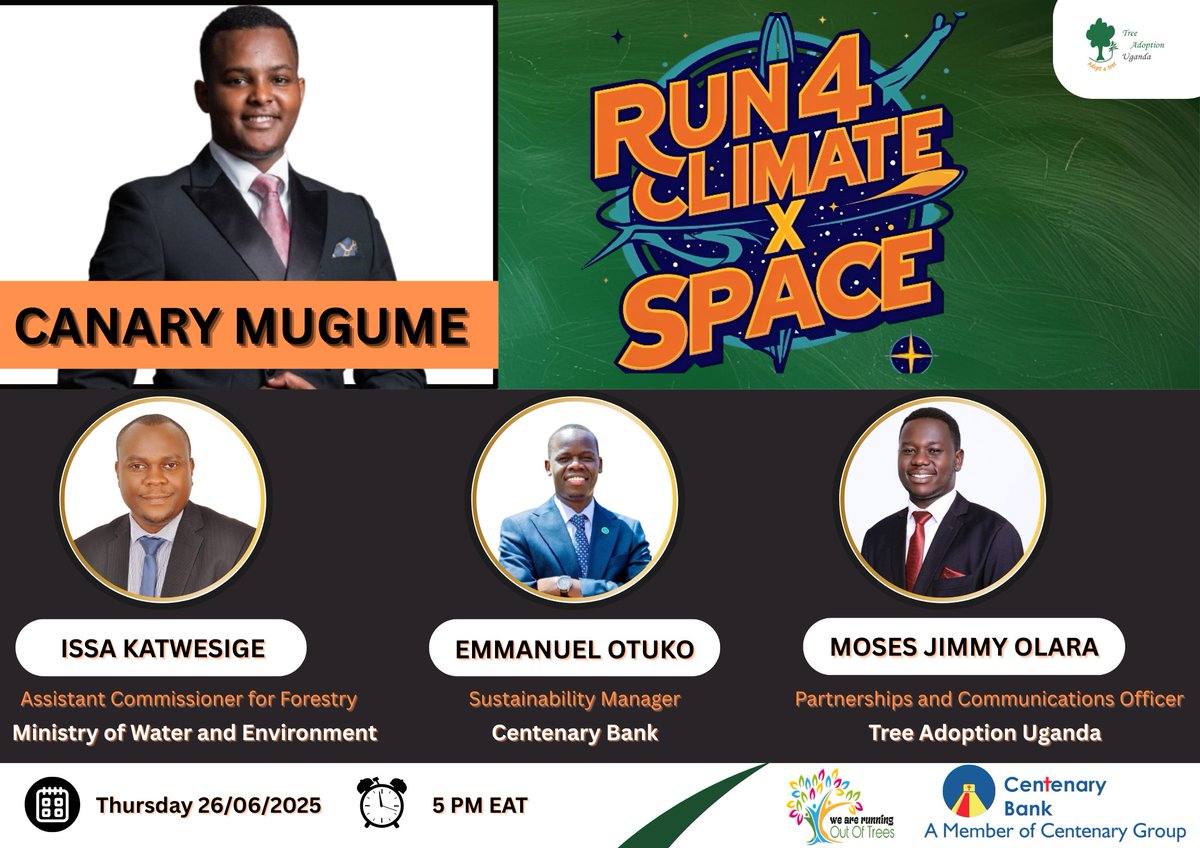 Tree Adoption Uganda (@tree_adoptionug) on Twitter photo Tomorrow at 5 PM, we bring to you yet another marvelous conversation on the #Run4Climate and the <a href="/ROOTSUganda/">Running Out Of Trees</a> campaign moderated by <a href="/CanaryMugume/">Canary Mugume</a>. Miss not the chance to discover the your contribution towards a green Uganda. Use the link: x.com/i/spaces/1yoJM… to join. Tomorrow at 5 PM, we bring to you yet another marvelous conversation on the #Run4Climate and the <a href="/ROOTSUganda/">Running Out Of Trees</a> campaign moderated by <a href="/CanaryMugume/">Canary Mugume</a>. Miss not the chance to discover the your contribution towards a green Uganda. Use the link: x.com/i/spaces/1yoJM… to join.