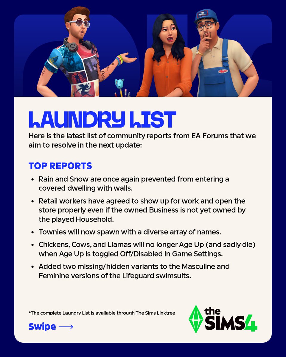 TheSimsDirect's tweet image. Today’s Laundry List is here addressing the Rain Indoors issue along with the top community-reported issues we're currently aiming to resolve in next week's Base Game.
Learn more: ea.com/games/the-sims…