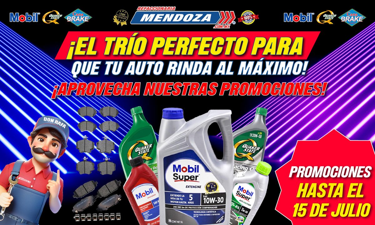 Refa_Mendoza's tweet image. Rinde más, protege mejor y frena con confianza 😎🔧
Con Mobil, Quaker State y Canabrake tu auto queda listo para lo que sea 🚗✨ ¡No esperes más y aprovecha estas promociones! 🤩
Entra a mendoza.com.mx 🏁
#Refaccionariamendoza #Mobil #QuakerState #CanaBrake #promociones