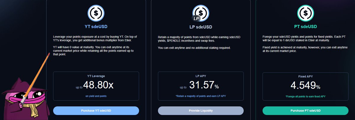 sdeUSD is now live on <a href="/pendle_fi/">Pendle</a> and the yield strategies are looking spicy.
Whether you're here for fixed returns, leveraged yield, or max points, there's something for every degen profile.
Let intern break it down 🧵