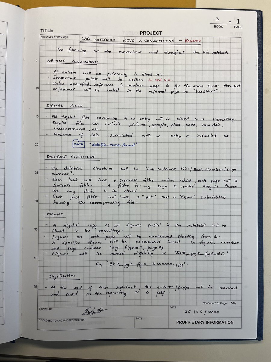 DsouzaAjwal's tweet image. Starting a fresh lab notebook is such a joy!
Here are my conventions for good lab notebook practices.