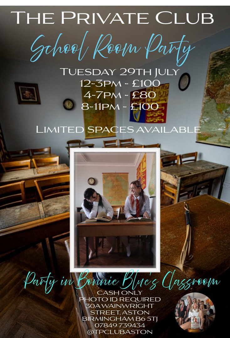 ThePrivateClub (@tpclubaston) on Twitter photo Join <a href="/KoraTheExploere/">KoraTheExplora</a> and <a href="/sophiestiddies/">Soph</a> in our vintage school room - Tuesday 29th July
Three Parties
12-3pm
4-7pm
8-11pm
Deposit required - limited spaces
Call 07849 739 434 or 0121 328 3284 to Join the party!
theprivateclub.com/party-bookings…
<a href="/privatetodger/">#PrivateTodger</a> <a href="/SuzannahPrivate/">Suzannah#PrivateClub</a> Join <a href="/KoraTheExploere/">KoraTheExplora</a> and <a href="/sophiestiddies/">Soph</a> in our vintage school room - Tuesday 29th July
Three Parties
12-3pm
4-7pm
8-11pm
Deposit required - limited spaces
Call 07849 739 434 or 0121 328 3284 to Join the party!
theprivateclub.com/party-bookings…
<a href="/privatetodger/">#PrivateTodger</a> <a href="/SuzannahPrivate/">Suzannah#PrivateClub</a>