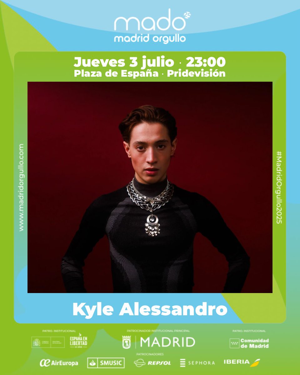 #PrideVision suma a un gran artista de #Eurovision2025: Kyle Alessandro estará en el escenario de Plaza de España el jueves 3 de julio a las 23:00.

🏳️‍🌈 Programación completa en madridorgullo.com

#MadridOrgullo2025 #Orgullo2025