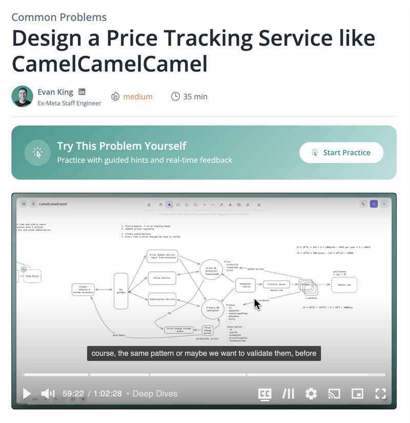 _hellointerview's tweet image. New video breakdown available to Premium users! 📹
Join Evan as he walks through how to design the price dropping site CamelCamelCamel.
We go over:
- scaling web crawling
- event driven notifications
- timeseries compression and aggregation
- etc
hellointerview.com/learn/system-d…