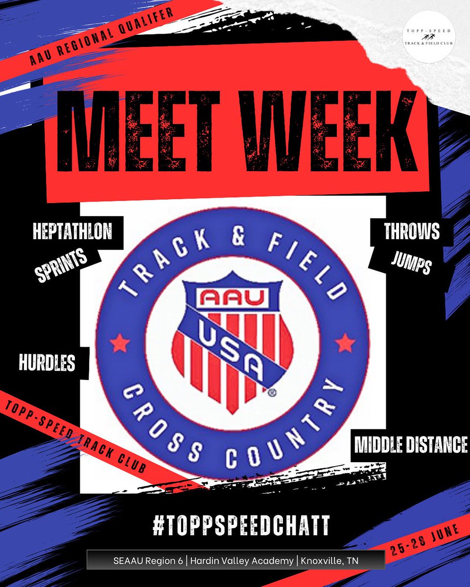 It’s meet week!! Good luck to our athletes that are scheduled to compete today through Saturday in Knoxville, TN at the Southeastern AAU Regional Junior Olympic qualifying meet. 

#ToppSpeedChatt
#Chattanooga
#TrackandField
#Sprints
#Throws
#Jumps
#Hurdles
#MiddleDistance