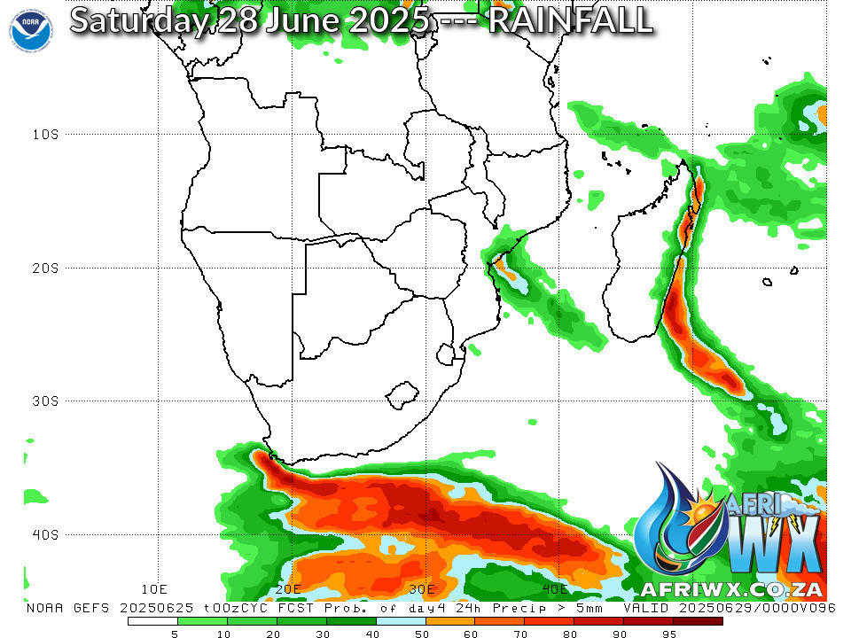 NOAA NCEP GEFS 3 Day (24 hour) Rainfall Possibility/Probability >5mm Maps for Southern Africa #WeatherForecast