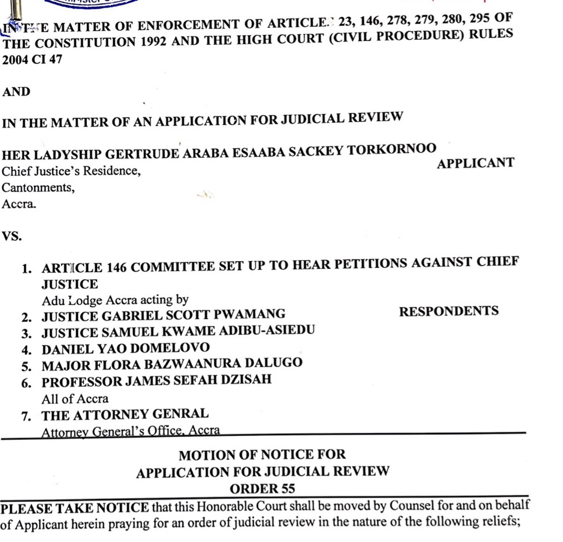 GhLawTrends's tweet photo. Suspended CJ, Gertude Torkonoo goes to court again.

This time, she demands that the High Court declare invalid the proceedings of the committee constituted for her removal on grounds of procedural improprieties.

From Supreme Court to the High Court.

Will she succeed this time? https://t.co/FbUfcfpUcw