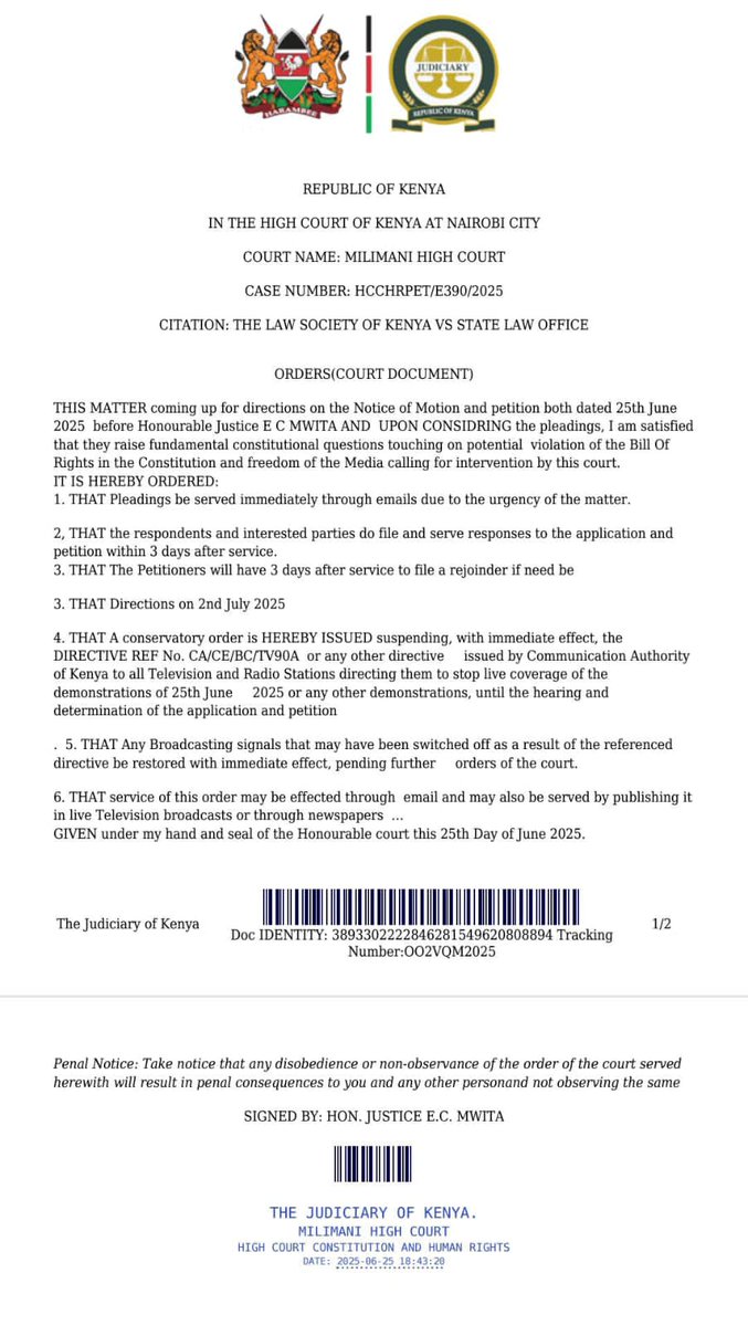 Law Society of Kenya (@lawsocietyofke) on Twitter photo The <a href="/LawSocietyofKe/">Law Society of Kenya</a> โ through the PIL Committee convened by <a href="/ManwaOH/">Manwa Hosea</a> has secured a crucial court victory (HCCHR Petition 390 of 2025).
Hon. Judge Chacha Mwita's decisive action resulted in orders to SUSPEND the directive blocking live demonstration coverage and RESTORE The <a href="/LawSocietyofKe/">Law Society of Kenya</a> โ through the PIL Committee convened by <a href="/ManwaOH/">Manwa Hosea</a> has secured a crucial court victory (HCCHR Petition 390 of 2025).
Hon. Judge Chacha Mwita's decisive action resulted in orders to SUSPEND the directive blocking live demonstration coverage and RESTORE