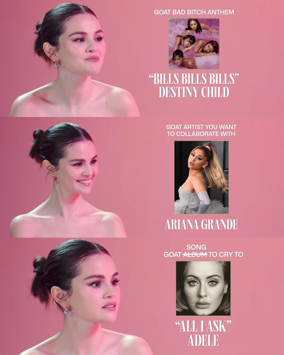 selenagomezbr's tweet photo. Escolhas musicais que Selena Gomez fez em sua entrevista com Karol G:

Hino “bad bitch”: Bills Bills Bills, Destiny Child
Artista que ela colaboraria: Ariana Grande
Canção ótima para chorar: All I Ask, Adele
GOAT pop star: Britney Spears
GOAT rappers: Eminem e Ice Cube https://t.co/NNYxAfW7CK