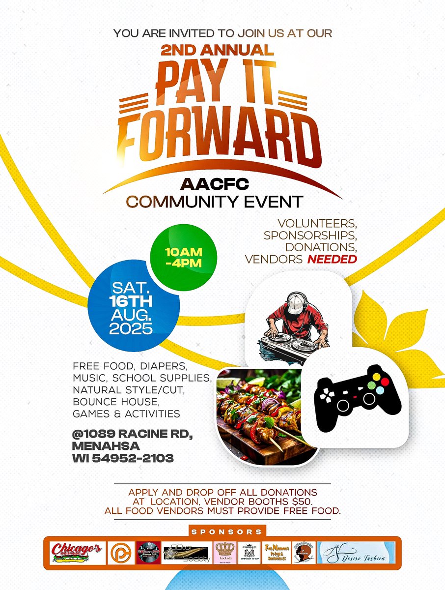 Come and join the African American Chamber of Commerce's 2nd Annual Pay-It-Forward Community Event! Enjoy free food, games and activities, and other offerings, held on Sat. August 16th! 
Additionally, they are in need of vendors who can offer snacks, gifts, and other services to