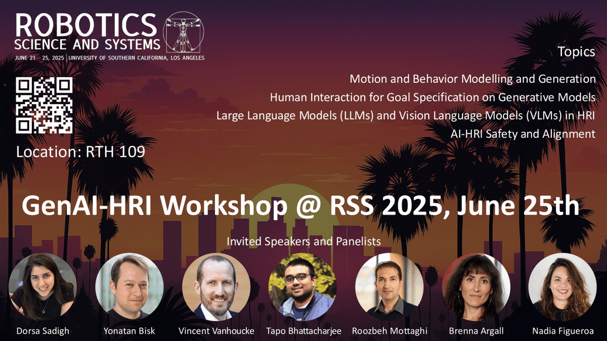 Claudia D'Arpino 🤖🧠 (@cpdarobotics) on Twitter photo Excited to invite you to our #RSS2025 Workshop at RTH 109, where we’ll explore the frontier of Generative Models × Human–Robot Interaction! 🤖✨ Organizing with <a href="/robominyoung/">Minyoung Hwang @RSS 2025</a> <a href="/sammy_j_c/">Sammy Joe Christen</a> <a href="/haroldsoh/">Harold Soh</a> <a href="/andreea7b/">Andreea Bobu</a> <a href="/julie_a_shah/">Julie Shah</a>
sites.google.com/view/gai-hri/h…
9:00 AM – Workshop Intro • Excited to invite you to our #RSS2025 Workshop at RTH 109, where we’ll explore the frontier of Generative Models × Human–Robot Interaction! 🤖✨ Organizing with <a href="/robominyoung/">Minyoung Hwang @RSS 2025</a> <a href="/sammy_j_c/">Sammy Joe Christen</a> <a href="/haroldsoh/">Harold Soh</a> <a href="/andreea7b/">Andreea Bobu</a> <a href="/julie_a_shah/">Julie Shah</a>
sites.google.com/view/gai-hri/h…
9:00 AM – Workshop Intro •