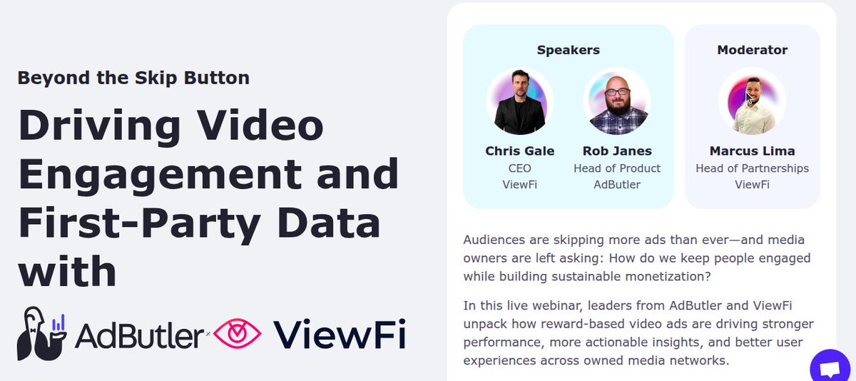 ViewFi_App's tweet image. Join our webinar with @ad_butler: "Driving Video Engagement and First-Party Data"
You will learn how to:
- Boost engagement
- Capture 1st-party data
- Maximize ad ROI
📅 Date: Thursday, July 10
🕐 Time: 1PM EST
🔗 Register now: adbutler.com/webinar/