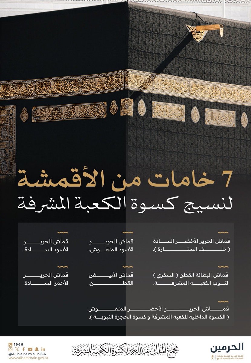 7خامات من الأقمشة لنسيج كسوة الكعبة المشرفة ⬇️⬇️